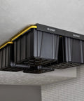 Overhead Garage Storage Rack System For Ceiling Tote Bins Heavy Duty Hanging Rails Metal Shelving For 27 Gallon Totes 4 Set Black Bin Organization Solution mounted on ceiling with black bins.
