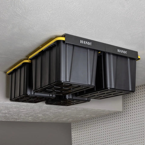 Overhead Garage Storage Rack System For Ceiling Tote Bins Heavy Duty Hanging Rails Metal Shelving For 27 Gallon Totes 4 Set Black Bin Organization Solution mounted on ceiling with black bins.