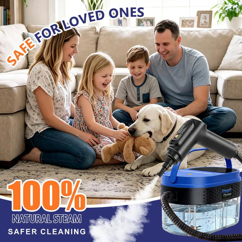 Family enjoying safe cleaning with 1800ML Portable Handheld Steam Cleaner With 2500W Fast Heating Power, while playing with dog.