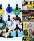 Extension Cord Holder Organizer 10 Pack Heavy Duty Storage Straps hanging cords and tools on pegboard, various angles