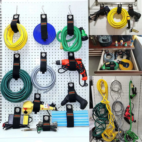 Extension Cord Holder Organizer 10 Pack Heavy Duty Storage Straps hanging cords and tools on pegboard, various angles