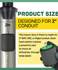 Dead Serious 2 Inch Conduit Mouse Piston 3 Pack Tough Foam Sealing Plugs For EMT IMC Rigid Pipe shown with size and usage details.