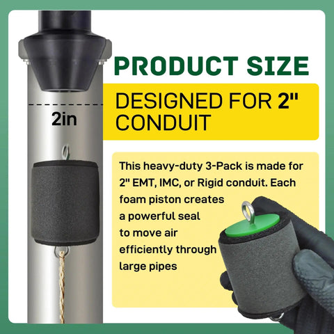 Dead Serious 2 Inch Conduit Mouse Piston 3 Pack Tough Foam Sealing Plugs For EMT IMC Rigid Pipe shown with size and usage details.