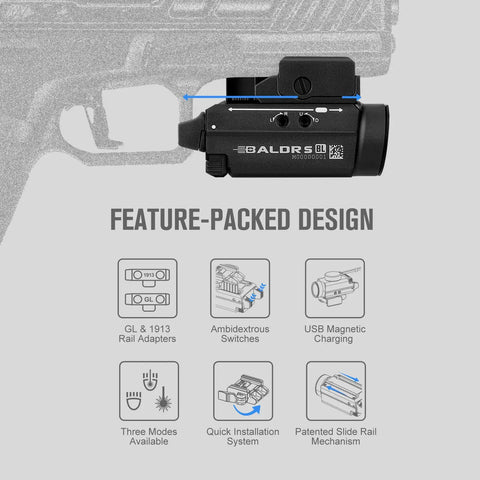 Baldr S Blue Beam Tactical Flashlight with 800 Lumens White LED, magnetic USB rechargeable rail mount, feature-packed design