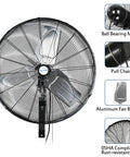 High Velocity 6500 CFM Wall Mounted Fan For Industrial Spaces, 24 Inch Air Circulator With Three Speed Oscillation, heavy-duty design