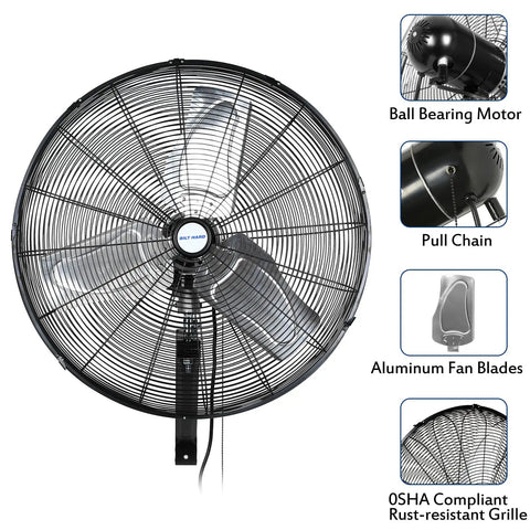 High Velocity 6500 CFM Wall Mounted Fan For Industrial Spaces, 24 Inch Air Circulator With Three Speed Oscillation, heavy-duty design