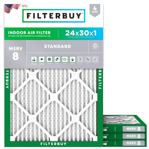 Front view of 24x30x1 MERV 8 Pleated Air Filter For HVAC Systems Electrostatic Dust And Allergy Defense 4 Pack Replacement Size 23.88 X 29.88 X 0.75