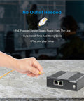 Heavy Duty Industrial PoE Plus Extender delivers 80 watts on din rail mount with Ethernet cable connection.