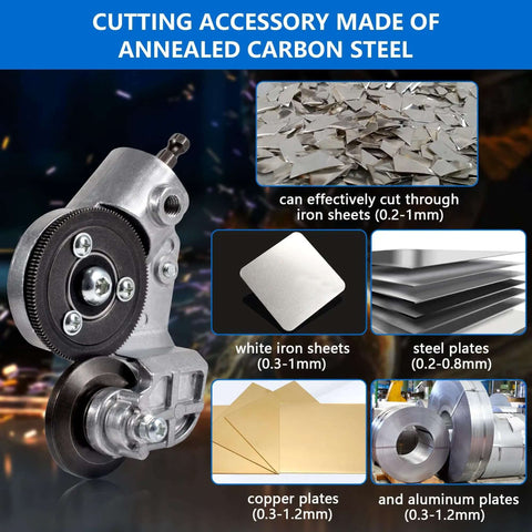 Electric Drill Plate Cutter Attachment For Metal Cutting Versatile Shears showing its ability to cut different metal types and thicknesses