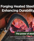 Hand-Forged Korean Sickle with a razor sharp blade being heated in forging fire, featuring a chestnut wood handle for heavy-duty use.