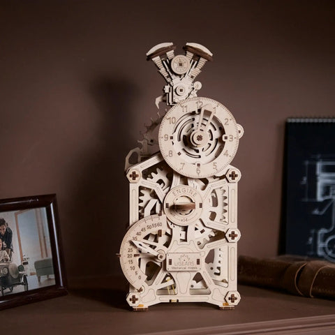 Engine Clock 3D Puzzle Kit With Moving Pistons, Auto Theme Mechanical Clock, DIY Steam Engine Gear, Speedometer Style Time Display, 11.8 Inch Tall, Brain Teaser Clock Kit For Do It Yourself Enthusiasts on shelf