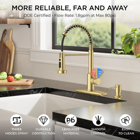 Brushed Gold Kitchen Faucet With Pull Down Sprayer, Single Handle Gold Sink Faucet, modern stainless steel, kitchen view
