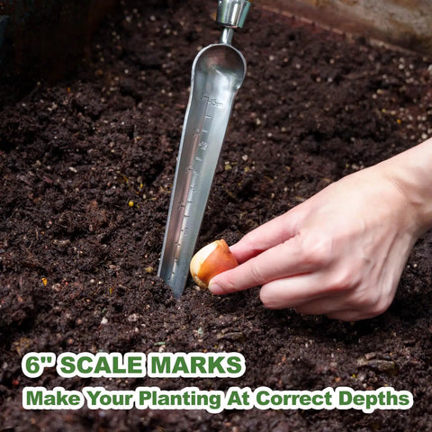 Pro Grade Seeding Widger With 6 Inch Scale, Stainless Steel Planting Trowel used for planting in garden soil.
