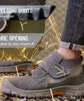 Side view of Welding Work Boots for Men With Steel Toe Safety and Slip On Comfort for Welders and Construction Pros Indestructible High Top Boots Built Tough for Real World Jobs, showing grey suede upper and laceless design.