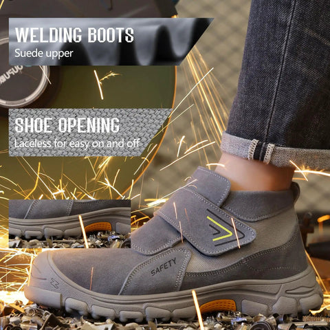 Side view of Welding Work Boots for Men With Steel Toe Safety and Slip On Comfort for Welders and Construction Pros Indestructible High Top Boots Built Tough for Real World Jobs, showing grey suede upper and laceless design.