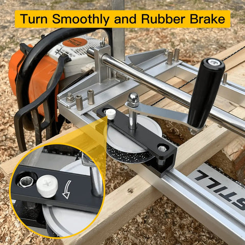 Chainsaw Mill Winch Kit With Lever Arm for smooth lumber milling, showing lever arm and rubber brake mechanism for balance