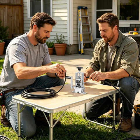 Two men using Heavy Duty Drill Powered Wire Stripper Machine With Manual Hand Crank Option For Efficient Copper Recovery And Scrap Cable Processing Small Portable Peeler Tool on a table.
