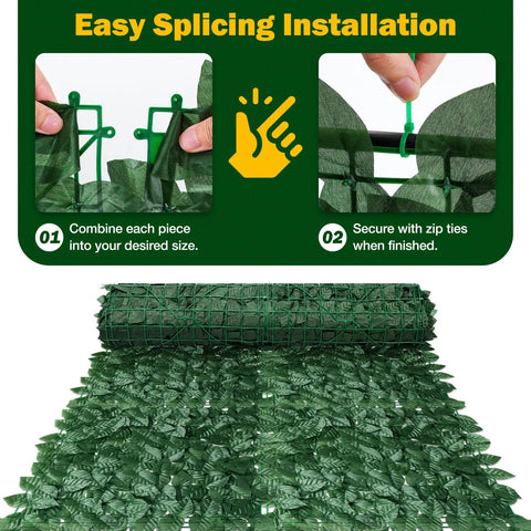Dense Green Ivy Privacy Fence Screen 120x40 Inch With Realistic Faux Ivy Leaves showing installation instructions with close-up of ties
