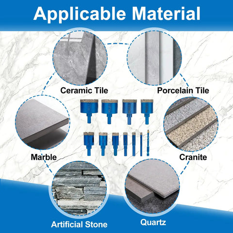 Applicable materials for Premium Diamond Hole Saw Kit With Brazed Serrated Teeth, including ceramic, porcelain, marble, and quartz.