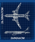 Blueprint of 787 Dreamliner Building Block Set with 1353 pieces, showcasing dimensions, engine and wing details.