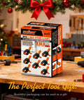Front view of HORUSDY 8-pack 5-inch spring clamps box on workbench; orange and black plastic clamps.