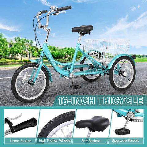16 Inch Tricycle For Beginners With Stable Three Wheel Design, Low Step Through Frame For Easy On And Off, Ideal For Small Riders Ages 4 To 9, Durable Metal Build, Smooth Safe Ride For Confidence On Every Spin., aqua 16-inch tricycle with rear basket and hand brakes
