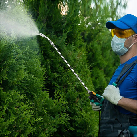 Person using a sprayer wand kit with three nozzle types adjustable stainless steel fan and 3 hole nozzles brass barb fittings