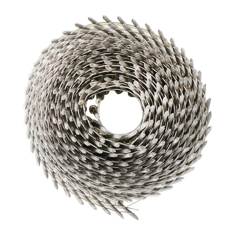 Coil of Stainless Steel Ring Shank Siding Nails Two And One Half Inch Long.090 Inch Diameter Fifteen Degree Collated Wire for Wood Fencing