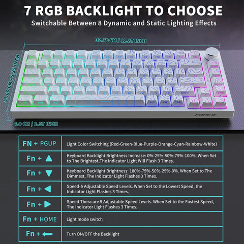 Fresh White 75 Percent Wireless Mechanical Keyboard With Volume Dial Knob And Hot Swap Sockets Tri Mode Bluetooth Usb C Wired Rgb Backlit showing 7 RGB effects.