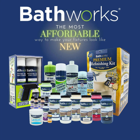 Bathworks Tub And Tile Chip Repair Kit 4 Oz White with various bottles and packaging for bathtubs, sinks, tiles, basins.
