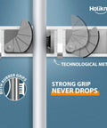 Close-up of Wall Mount Mop Broom Organizer Rack with four slots and hooks, featuring technological metal and strong rubber grips.