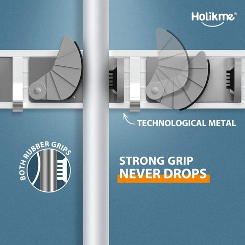 Close-up of Wall Mount Mop Broom Organizer Rack with four slots and hooks, featuring technological metal and strong rubber grips.