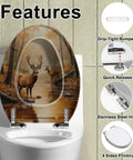 Toilet Seat Slow Close for Bathroom Replacement with deer print design, durable resin, stainless steel hinge, and grip-tight bumpers.