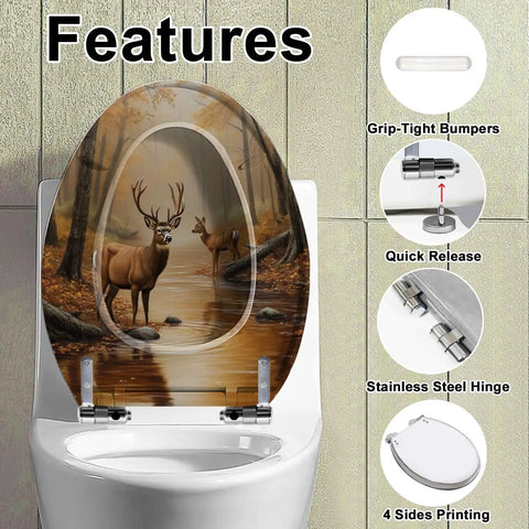 Toilet Seat Slow Close for Bathroom Replacement with deer print design, durable resin, stainless steel hinge, and grip-tight bumpers.