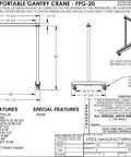 Top Shelf Portable Steel Gantry Crane For Garage Or Shop Use Featuring No Fuss Bolt Assembly Smooth Rolling Casters And A Rock Solid Two Thousand Pound Lift Capacity In Durable Blue detailed drawing with dimensions.