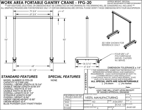 Top Shelf Portable Steel Gantry Crane For Garage Or Shop Use Featuring No Fuss Bolt Assembly Smooth Rolling Casters And A Rock Solid Two Thousand Pound Lift Capacity In Durable Blue detailed drawing with dimensions.
