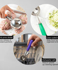 3.25 Ounce Trigger Release Portion Scoop with Green Handle Stainless Steel Disher shown with various foods and in dishwasher.