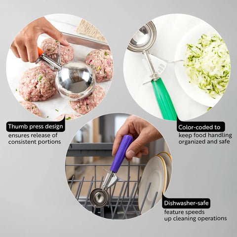 3.25 Ounce Trigger Release Portion Scoop with Green Handle Stainless Steel Disher shown with various foods and in dishwasher.
