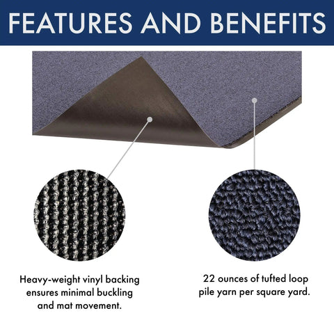 Close-up of Ovation Entrance Mat For Home Or Office 3 By 4 Blue, Low Profile Design showing heavyweight vinyl backing and tufted pile