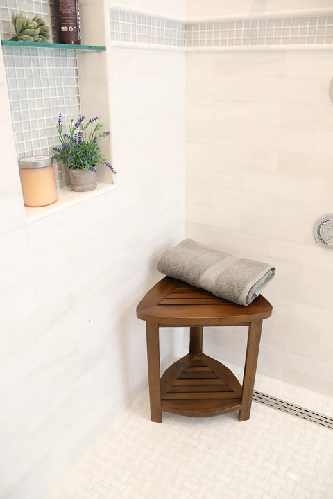 Solid Teak Wood Bath Spa Shower Stool Corner Bench Fully Assembled Built To Last With Moisture Resistant Finish For Everyday Bathroom Use