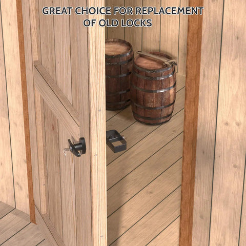Built Like A Tank Outdoor Slide Bolt Latch, 5.5 Inch Shed Door Lock Set, installed on wooden door with two barrels visible.