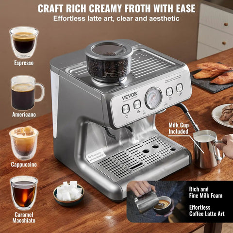 Solid Semi Automatic Espresso Machine With Built In Grinder And Large Hopper Pulls Crisp Shots Hella Quick For Velvety Lattes And Rich Cappuccinos That Get The Morning Crew Fired Up Daily on kitchen table with coffee cups.