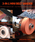 3-in-1 Mini Belt Sander with Sanding Belt, Greening Wheel, and Cloth Wheel for knife sharpening and light metal grinding.