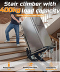 Heavy Duty 1200w Electric Stair Climbing Hand Truck With Upgraded Rubber Tracks And Height Adjustable Tray hauling refrigerator upstairs.