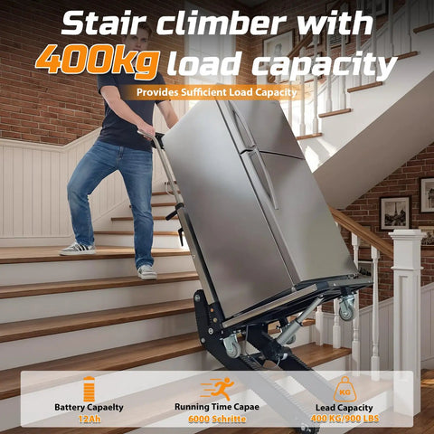 Heavy Duty 1200w Electric Stair Climbing Hand Truck With Upgraded Rubber Tracks And Height Adjustable Tray hauling refrigerator upstairs.