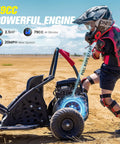 Child standing beside a 79cc 4 Stroke Gas Go Kart For Kids And Teens With 2.5HP Power, EPA Approved, showing the engine and seat.