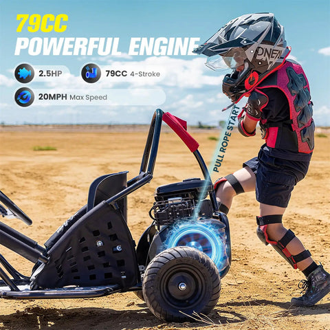 Child standing beside a 79cc 4 Stroke Gas Go Kart For Kids And Teens With 2.5HP Power, EPA Approved, showing the engine and seat.