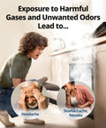 Person coughing near smoke-emitting appliance with text overlay about harmful gases leading to headaches, stomachache, nausea.