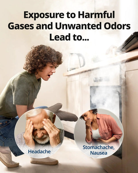 Person coughing near smoke-emitting appliance with text overlay about harmful gases leading to headaches, stomachache, nausea.