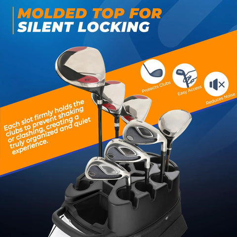 Close-up of TLock Golf Cart Bag With 14 Way Organizer showcasing silent locking feature with clubs securely placed in top slots.
